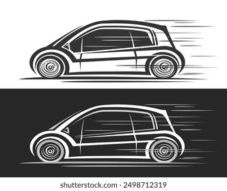 Logotipo del Vector para el mini coche futurista, Anuncios automotrices con la ilustración del arte del Clip del coche micro moderno del concepto en movimiento, arte de línea que corre el coche Pequeño futurista monocromo en el fondo blanco y negro
