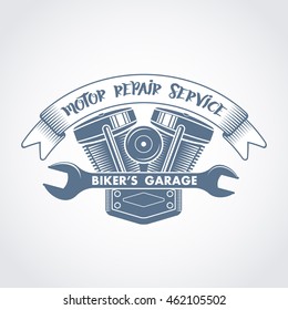 vector logo of garage motor service for motorcycles and bikers; bike engine renovation company sticker; custom motorcycles motors shop