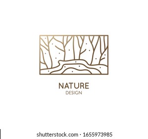 Vector logo of garden in linear style. Rectangular icon of spring landscape with trees and river - business emblems, badge for a travel, farming and ecology concepts, health and yoga Center.