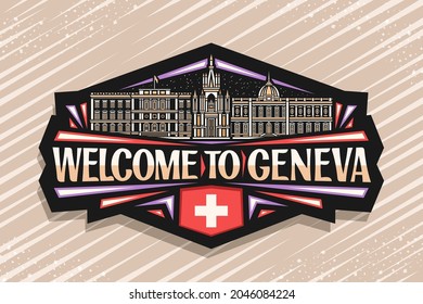 Logo del vector para Ginebra, placa decorativa negra con esquema de ilustración del paisaje europeo de la ciudad de ginebra sobre fondo del cielo del atardecer, imán de nevera de diseño de arte con letras únicas para la bienvenida de palabra a ginebra