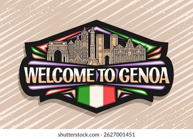Vector logo for Genoa, black decorative tag with detailed outline illustration of historical genoa city scape on dusk sky background, art design tourist refrigerator magnet with words welcome to genoa