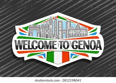 Vector logo for Genoa, decorative cut paper tag with detailed outline illustration of historical genoa city scape on day sky background, art design tourist fridge magnet with words welcome to genoa