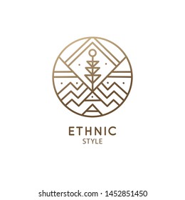 Vector logo of geometric elements, mountains with plant. Round sacred symbol. Outline icon of abstract shapes - business emblem for design tattoo, astrology, zen, ecology, health concepts, yoga Center