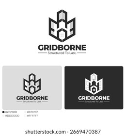 Vector logo with geometric grid structure representing modern buildings or construction. Ideal for architectural visuals, urban planning, and real estate branding.