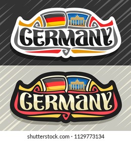 Vector logo for Germany country, fridge magnet with german flag, original brush typeface for word germany and german national symbol - Brandenburg gate in Berlin on blue evening cloudy sky background.