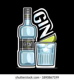 Vector logo for Gin, outline illustration of blue bottle with decorative label and full glass of chilled dry gin tonic with lemon slice, placard with unique lettering for word gin on dark background.