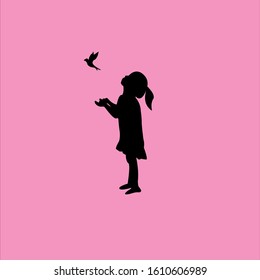 vector logo of a girl playing with a bird, isolated white background