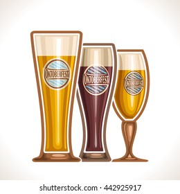 Vector logo glass cup of beer, consisting of cups,with light and dark porter, lager and pilsner beer. On glass pint with alcohol drink label oktoberfest on background of emblem fest white blue rhombus