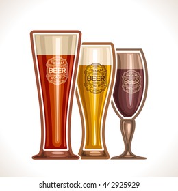 Vector logo for glass cup of beer, consisting of cups, filled to the brim light and dark porter, lager and pilsner beer on a white background. On glass pint with alcohol drink label: Premium quality