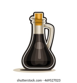 Vector logo glass decanter with handle filled soy sauce, cartoon cruet dark balsamic vinegar with cork wooden cap isolated on white background