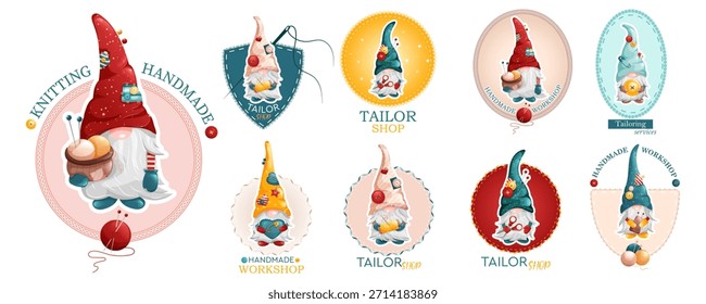 Vector logo with gnome tailor holding holding sewing tools и accessories. Illustration for for knitting, sew workshop, crafts, and handmade. 