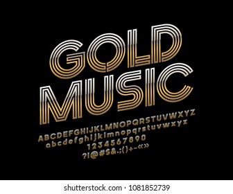 Vector logo Gold Music with Font. Abstract pattern luxury Alphabet Letters, Numbers and Symbols