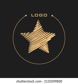 Vector logo. Golden star in a golden minimalistic frame with logo text. Hatched star on a black background.