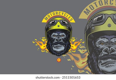 Vector logo of a gorilla head wearing a light green helmet, mustache, flames in the background, motorcycle club theme.