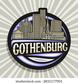 Vector logo for Gothenburg, dark decorative tag with detailed illustration of famous gothenburg city scape on nighttime sky background, art design fridge magnet with unique letters for text gothenburg