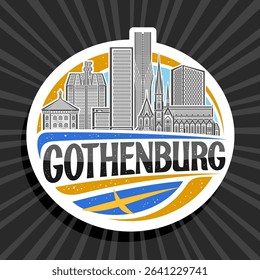 Vector logo for Gothenburg, white decorative label with outline illustration of famous gothenburg city scape on day sky background, art design fridge magnet with unique lettering for text gothenburg