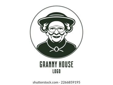 Vector logo, granny house. Monochrome portrait of an elderly smiling kind woman in a glasses on a white background. Round sticker or emblem.