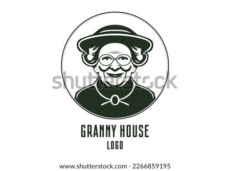 Vector logo, granny house. Monochrome portrait of an elderly smiling kind woman in a glasses on a white background. Round sticker or emblem.