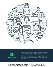 Vector logo and graphic illustration concept related to contact us. Iconic line art elements such as telephone, email, chat, location and other related objects are included in this graphic template.