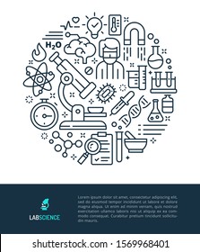 Vector logo and graphic illustration concept related to laboratory and science. Iconic line art elements such as laboratory equipment, experiment and scientist are included in this graphic template.