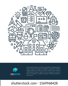 Vector logo and graphic illustration concept related to school and education. Iconic line art elements such as school building, equipment, subjects and activity are included in this graphic template.