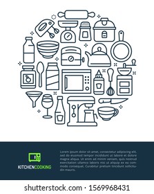 Vector logo and graphic illustration concept related to kitchen and cooking. Iconic line art elements such as kitchen equipment, foods and beverages are included in this graphic template.
