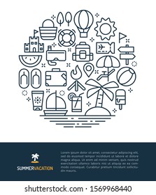 Vector logo and graphic illustration concept related to summer vacation. Iconic line art elements such as various activity in summer season are included in this graphic template..