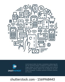 Vector logo & graphic illustration concept related to contactless payment. Iconic line art elements such as activity of using credit card, smart card & device for making secure payment are included..