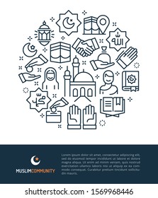 Vector logo & graphic illustration concept related to islamic pilgrimage, hajj & umrah. Iconic line art elements such as Mecca, Kaaba, mosque & islamic objects are included in this graphic template..