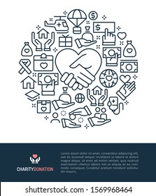Vector logo & graphic illustration concept related to charity and donation. Iconic line art elements such as charity & donation by giving money, caring & loving are included in this graphic template..