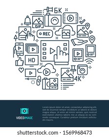 Vector logo & graphic illustration concept related to video image. Iconic line art elements such as video player, editor, image viewer & feed on social media are included in this graphic template.