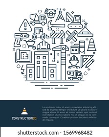 Vector logo and graphic illustration concept related to construction. Iconic line art elements such as construction equipment, infrastructure and manufacturing in mass production are included.
