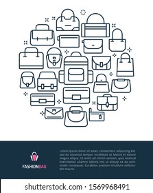 Vector logo and graphic illustration concept related to bags. Iconic line art elements such as ring, beach, barrel, flap, and saddle bag  are included in this graphic template.