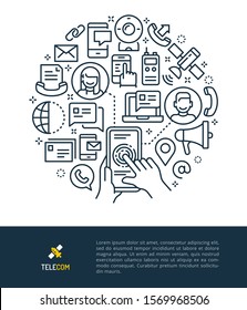 Vector logo and graphic illustration concept related to communication. Iconic line art elements such as sending, receiving and exchanging information are included in this graphic template..
