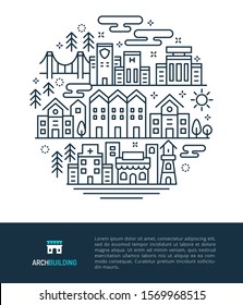 Vector logo and graphic illustration concept related to building and architecture. Iconic line art elements such as housing complex, city and public building are included in this graphic template.