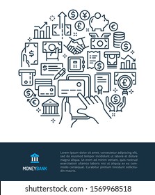 Vector logo and graphic illustration concept related to money and banking. Iconic line art elements such as banking transaction, management and activities are included in this graphic template..