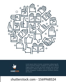 Vector logo and graphic illustration concept related to hand signs & gestures. Iconic line art elements such as thumb up & down, clenched hand & call me gesture are included in this graphic template..