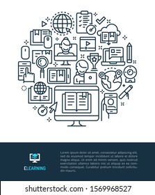 Vector logo and graphic illustration concept related to e-learning and online education. Iconic line art elements such as online education activity and objects are included in this graphic template.