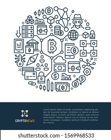 Vector logo and graphic illustration concept related to blockchain and cryptocurrency. Iconic line art elements such as cryptocurrency objects and transactions are included in this graphic template.