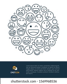 Vector logo and graphic illustration concept related to emoticon and expression. Iconic line art elements such as face smiling, sad, laugh, angry, sick and happy are included in this graphic template.