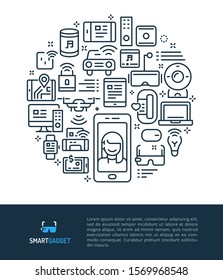 Vector logo and graphic illustration concept related to smart device and gadget. Iconic line art elements such as smartphone, speaker, watch and glasses are included in this graphic template.