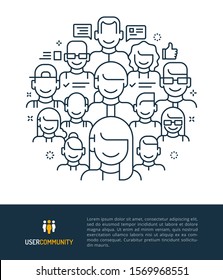 Vector Logo And Graphic Illustration Concept Related To User Community. Iconic Line Art Elements Such As Various Type, Age And Style Of People Are Included In This Graphic Template.