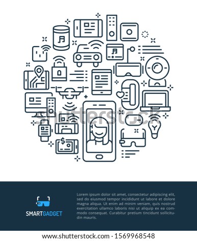 Vector logo and graphic illustration concept related to smart device and gadget. Iconic line art elements such as smartphone, speaker, watch and glasses are included in this graphic template.