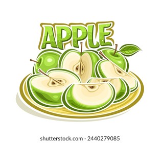 Vector logo for Green Apple, decorative horizontal poster with outline illustration of raw apple composition with leaves, cartoon design fruity print with many chopped apples parts on white background