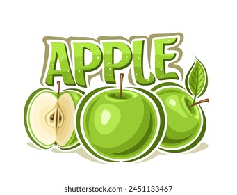 Vector logo for Green Apple, decorative horizontal poster with outline illustration of apple composition with green leaf, cartoon design fruity print with chopped apple with seeds on white background
