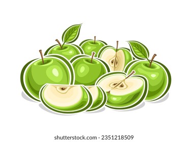 Logo vectorial para manzanas verdes, afiche horizontal decorativo con ilustración de contorno de composición de manzana verde, impresión de fruta con grupo de manzanas jugosas picadas con semillas en fondo blanco