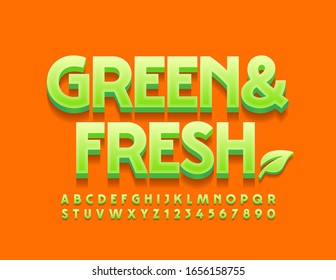 Vector logo Green and Fresh with decorative leaf. 3D modern Font. Glossy Alphabet Letters and Numbers