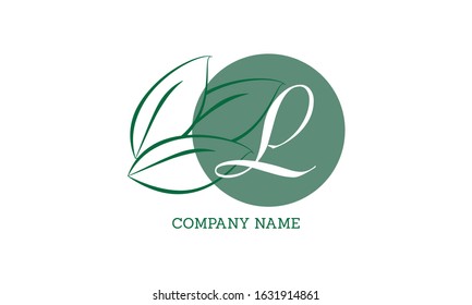 Vector logo with green leaves. Handwritten monogram with initial letter L and elegant logo, wedding, fashion, business design.