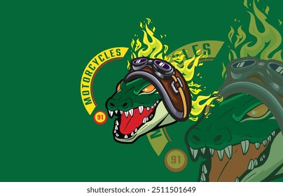 Vector logo of a green monitor lizard head wearing a brown helmet, with flames in the background, motorcycle club theme, black backdrop.

