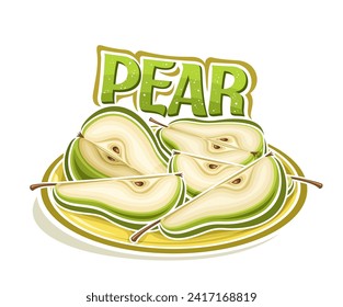 Logo vectorial para Green Pear, afiche horizontal decorativo con ilustración de contorno de la composición de pera de jardín con granos, diseño de dibujos animados impresión frugal con muchas partes de pera cortada sobre fondo blanco